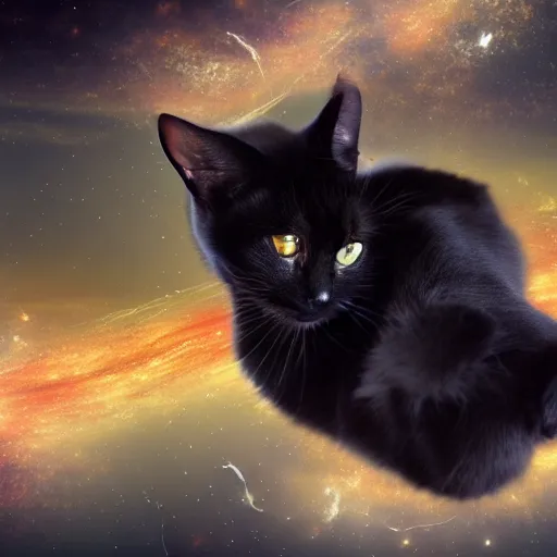 Prompt: black cat is floating in space, photo 4k