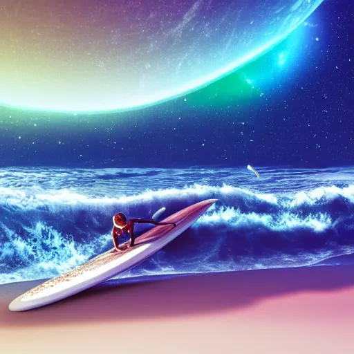 Image similar to photo of a alien surfing a surfboard on a crashing l wave of alien ocean in space, background is an alien galaxy, aliens in the background, alien colors, octane render, unreal engine, wide view, 8 k, high detaild