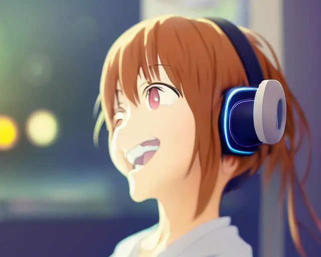 Image similar to anime fine details portrait of joyful girl in vr headset in school, bokeh. anime masterpiece by Studio Ghibli. 8k render, sharp high quality anime illustration in style of Ghibli, artstation