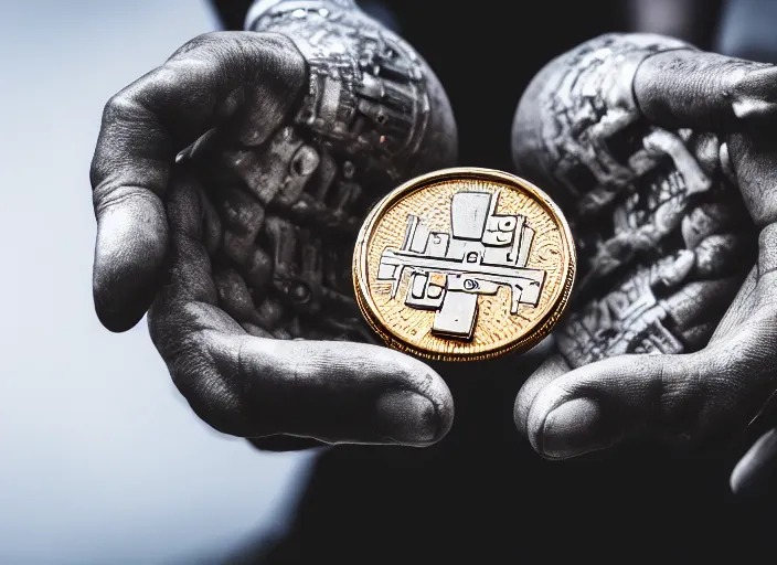 Image similar to cyborg hands holding a coin worth 1 human soul to be traded in hell. centered. horror cyberpunk dystopia style. highly detailed 8 k. intricate. nikon d 8 5 0 3 0 0 mm. award winning photography.