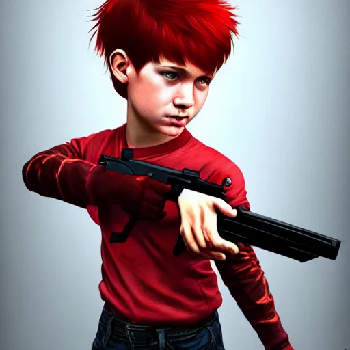 Prompt: a concept art of a boy with red hair holding a gun, highly detailed, digital painting, artstation, concept art, smooth, sharp focus, illustration