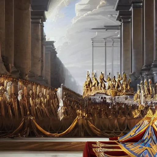 Prompt: sci fi car transport design organic smooth elastic forms 30% of canvas; wall structure on the coronation of napoleon painting 40% of canvas; by Jacques-Louis David, pinterest keyshot product render, cloudy plastic ceramic material shiny gloss water reflections, ultra high detail ultra realism, 4k