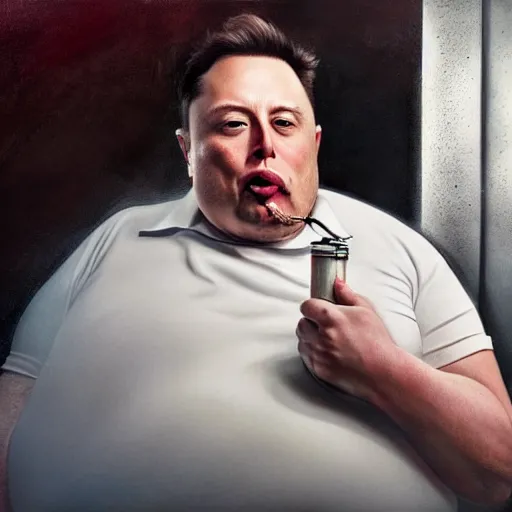 Image similar to stunning award winning hyperrealistic hdr 8 k highly detailed portrait photo of morbidly obese elon musk eating a rocket