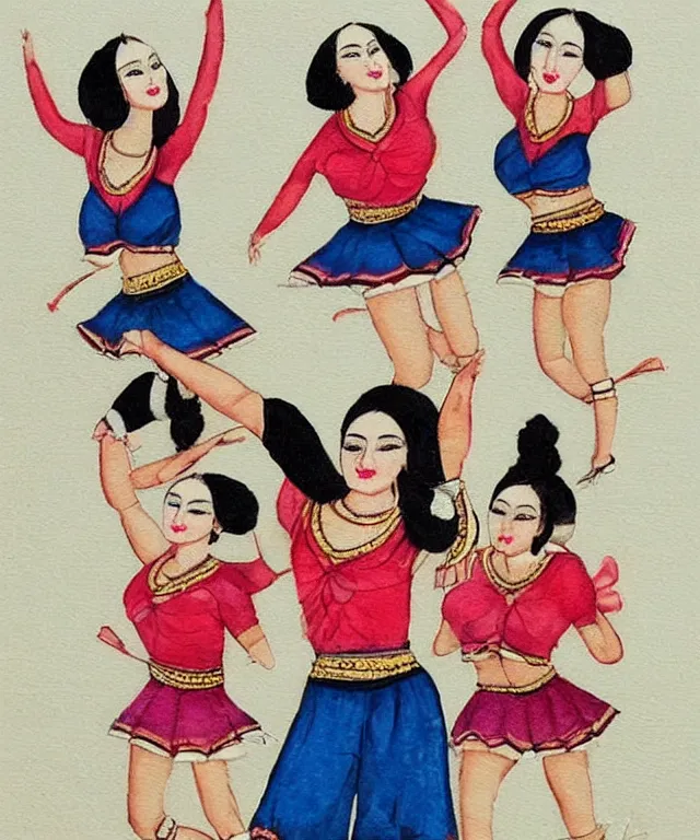 Image similar to a persian miniature painting, cute cheerleaders dancing, shorts, ultra sharp, extra details, ultra high quality, trending on pinteresst