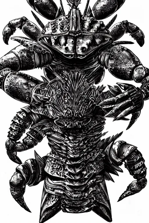 Image similar to human warrior, crab themed armour, crab claws symmetrical, highly detailed, digital art, needles, sharp focus, trending on art station, kentaro miura manga art style