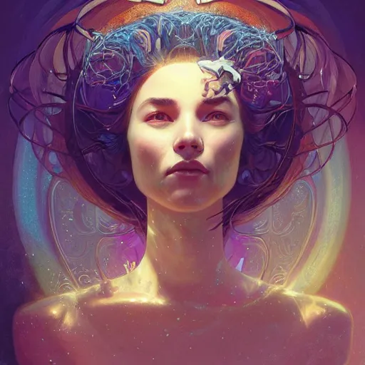 Prompt: portrait of a girl with the universe inside her head, filaments, surreal, intricate, headshot, highly detailed, digital painting, artstation, concept art, sharp focus, cinematic lighting, illustration, art by artgerm and greg rutkowski, alphonse mucha, cgsociety, science fiction
