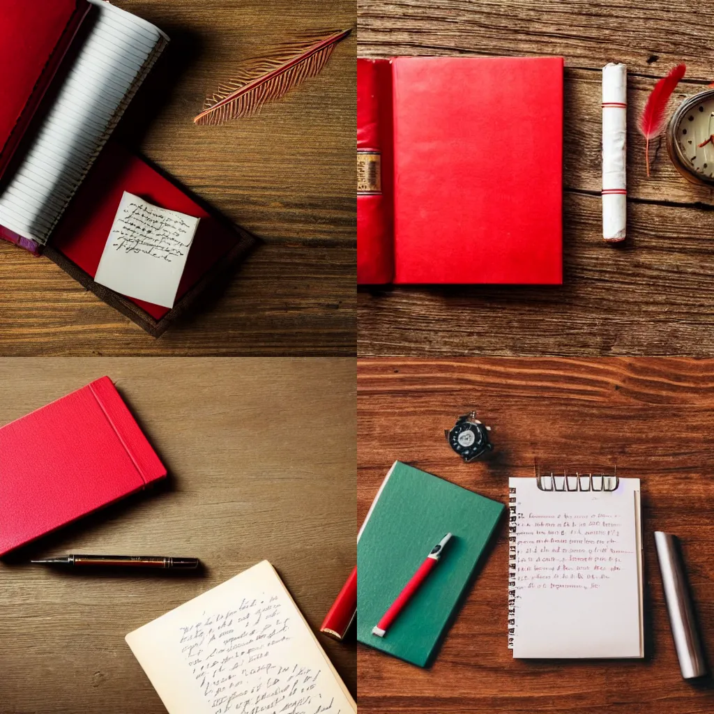 Prompt: on a table there are two red books, one old golden watch, and a lit cigarette, a man writes down a letter using a feather pen. warm lighting.