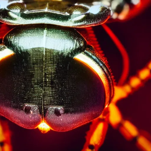 Prompt: close up photo of metal insect with glowing eyes