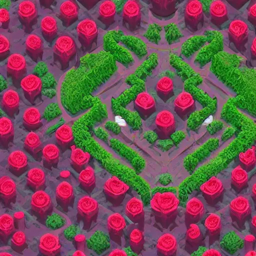 Prompt: A charming hedge maze dotted by rose bushes and intricately designed lampposts, digital art, trending on artstation