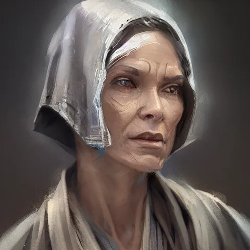 Prompt: portrait of a jedi master woman by greg rutkowski, vestara khai, smirk, wearing jedi robes, star wars expanded universe, she is about 6 0 years old, wearing jedi robes, highly detailed portrait, digital painting, artstation, concept art, smooth, sharp foccus ilustration, artstation hq