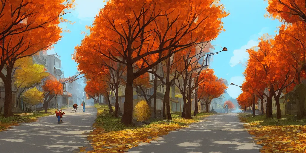 Image similar to autumn street with falling leaves, evening, highly detailed, low angle view, studio ghibli, artstation