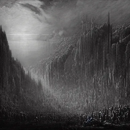 Prompt: a bleak dystopian world, divided down the middle by gustave dore, vivid synthwave colours