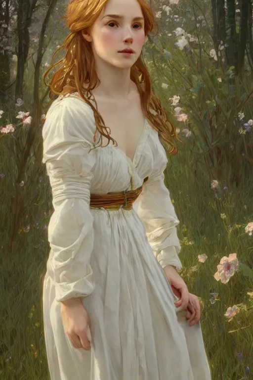 Image similar to beautiful cottagecore young peasant maiden, innocent, intricate, elegant, highly detailed, digital painting, artstation, concept art, smooth, sharp focus, illustration, art by artgerm and greg rutkowski and alphonse mucha