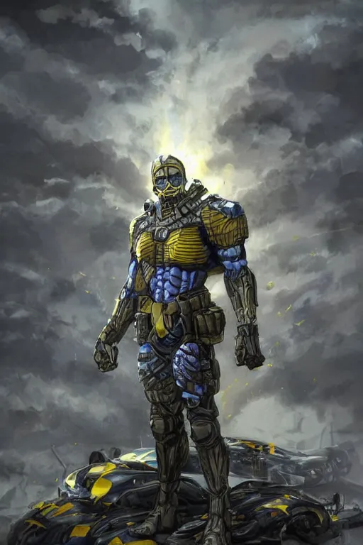 Image similar to a full body shot from distance of a super soldier with a Ukrainian blue and yellow stripes flag standing in the beam of light from the clouds on a pile of skulls and rotten cars as a winner, masculine figure, D&D, fantasy, intricate, elegant, highly detailed, digital painting, artstation, concept art, matte, sharp focus, symmetrical, illustration, hyperrealistic, super realistic, art by Artgerm and Greg Rutkowski and Alphonse Mucha