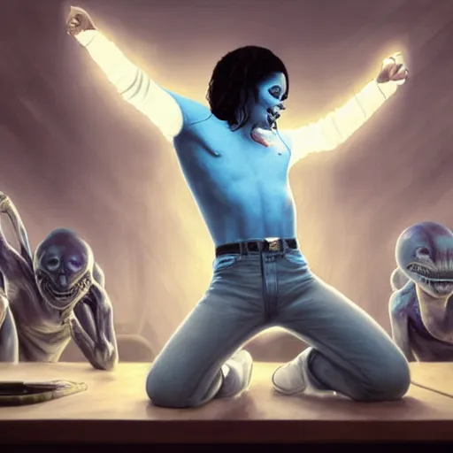 Prompt: michael jackson lying on a table, in the background are gray aliens and a smurf, anatomy, bathed in light, highly detailed, photorealistic, artstation, smooth, sharp focus, illustration, unreal engine 5, 8 k, art by artgerm and greg rutkowski and edgar maxence