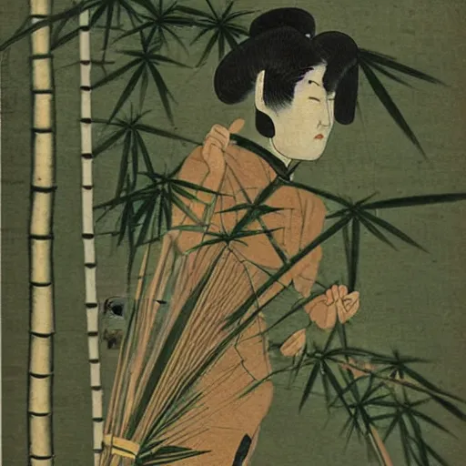 Prompt: 19th century Japanese enoki painting of a skinwalker in a bamboo forest