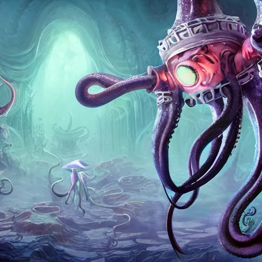 Image similar to fantasy female Squid is a drummer with 8 tentacles playing a big rock&roll drum set in the spotlight dystopian underwater concert, by Philipp A. Urlich and Pengzhen Zhang an Andreas Rocha, fantasy, intricate, elegant, highly detailed, digital painting, artstation, blender, unreal engine 5, octane render, smooth, sharp focus, illustration