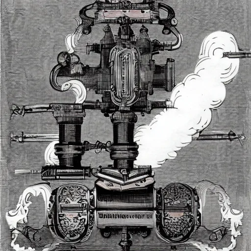 Prompt: a dragon with victorian steam machine on it's side, book illustration