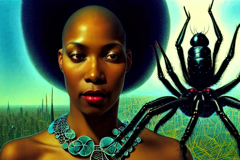Prompt: realistic detailed photorealistic film closeup portrait shot of a beautiful black woman with a giant spider, sci fi city landscape background by denis villeneuve, amano, yves tanguy, alphonse mucha, ernst haeckel, david lynch, edward robert hughes, roger dean, cyber necklace, dynamic pose, rich moody colours, wide angle