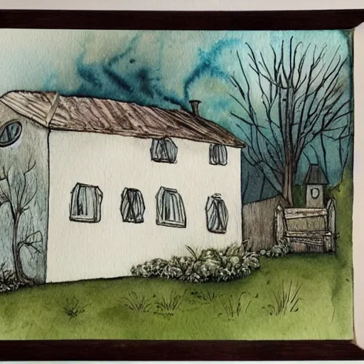 Image similar to a watercolor and ink painting of a cottage, drawn on white parchment paper, vibe, atmosphere, detailed, muted colors, by greg rutowski and ryan berkley