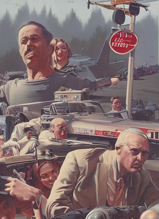 Prompt: a convergence of bad ideas, an ultrafine detailed painting by john philip falter, austin briggs, cg society, american scene painting, dystopian art, american realism, academic art, movie poster, poster art