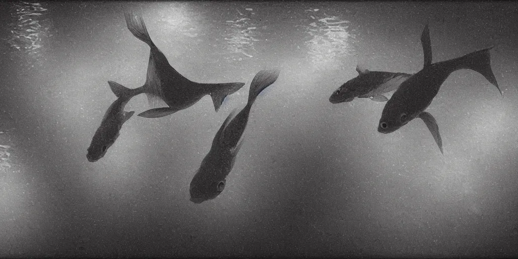 Prompt: An aesthetically pleasing, dynamic, energetic, lively, well-designed digital art of goldfish in a pond viewed from underwater, light and shadow, chiaroscuro, by Claude Monet and Vincent Van Gogh, superior quality, masterpiece, excellent use of negative space. 8K, superior detail, widescreen.