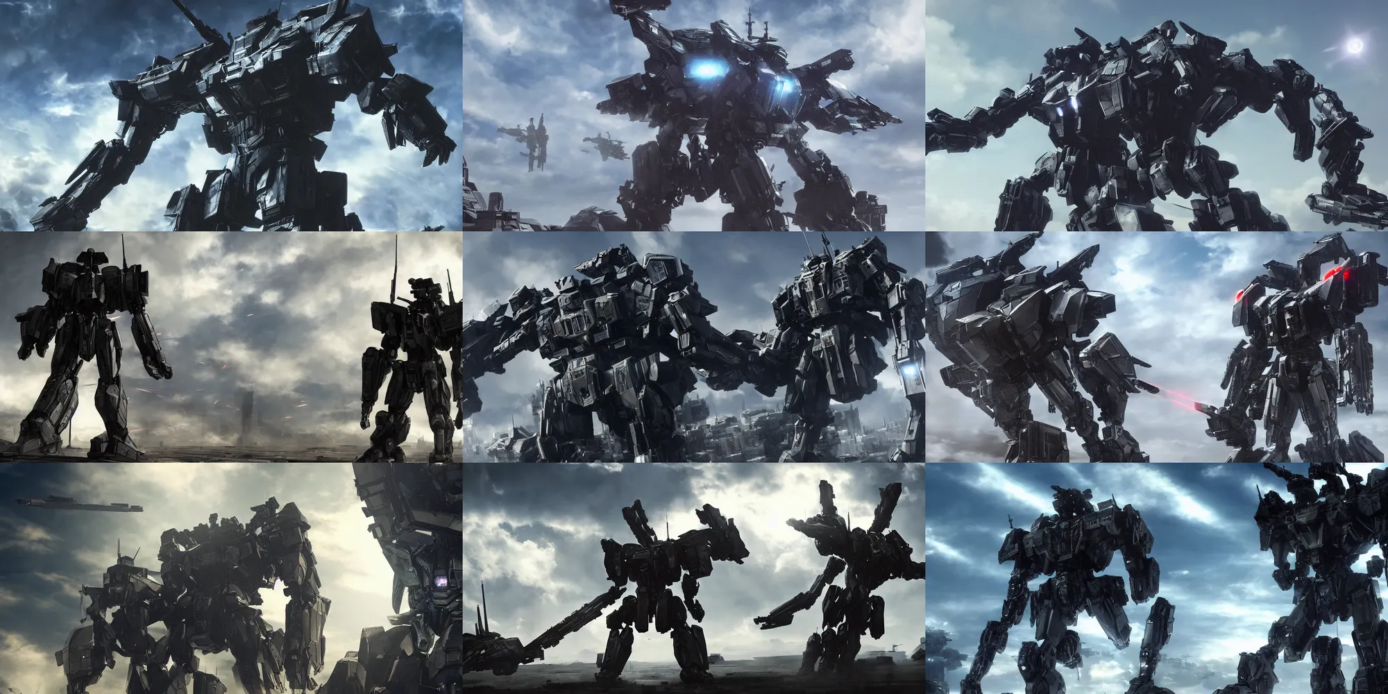 Prompt: armored core v, long - shot, full body, sky, cloud, laser beam, dramatic lighting, cinematic establishing shot, extremely high detail, photorealistic, cinematic lighting, octane render, digital painting, trending on artstation,