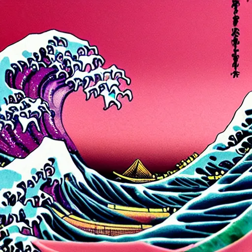 Image similar to carved diorama of The Great Wave off Kanagawa with pink lava and fire, carved out of transparent marble with celadon glaze:: Diorama:: Symmetrical, Isometric camera, wide angle:: Translucent, Iridescent, Ray Tracing Reflections, Harris Shutter, SFX, insanely detailed and intricate, hypermaximalist, elegant, ornate, ultra-realistic, HD Octane Render, 3d, masterpiece