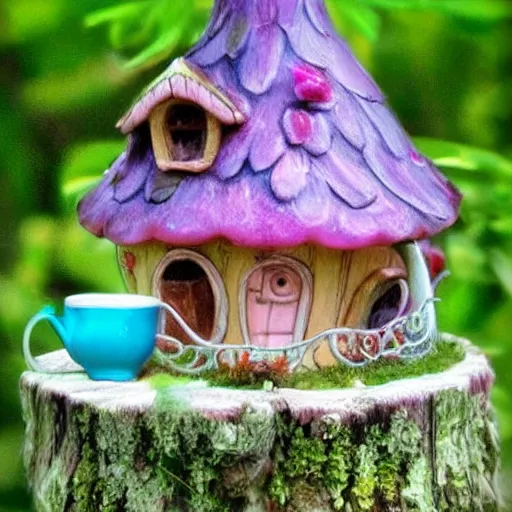 Image similar to cute fantasy fairy house, tea cup, by tonia tkach