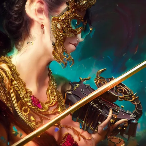 Image similar to the portrait, masked female violinist, exotic costumes, gold jewelry, black hair ， illustration by wenjun lin, irakli nadar, bright colors, octopath traveler, wenjun lin, unreal engine 5 highly rendered, global illumination, radiant light, detailed and intricate environment