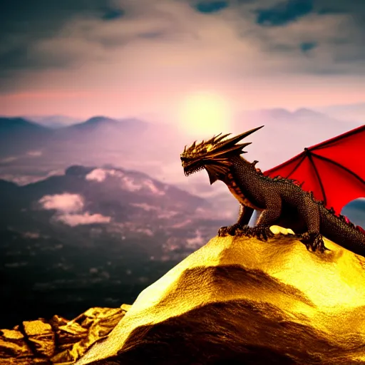 Image similar to Dragon sitting on a mountain of gold, cinematic, dramatic