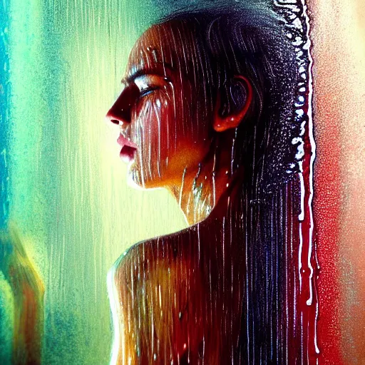 Image similar to dramatic asthetic portrait of revelation in uniquely colored rain with wet hair and face, liquid, epiphany, bliss, fantasy, intricate, elegant, dramatic lighting, highly detailed, lifelike, photorealistic, digital painting, artstation, concept art, smooth, sharp focus, illustration, art by John Collier and Albert Aublet and Krenz Cushart and Artem Demura and Alphonse Mucha