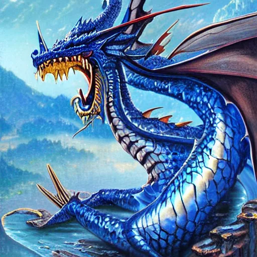 Prompt: beautiful blue dragon, by thomas kinkade