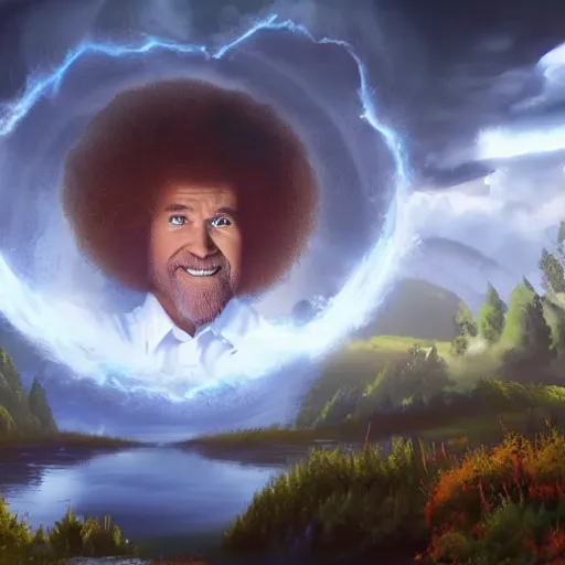 Prompt: bob ross comic book scene of an epic portal being exited by a god, cinematic, realistic, beautiful scenery, matte painting, highly detailed, octane render, unreal engine