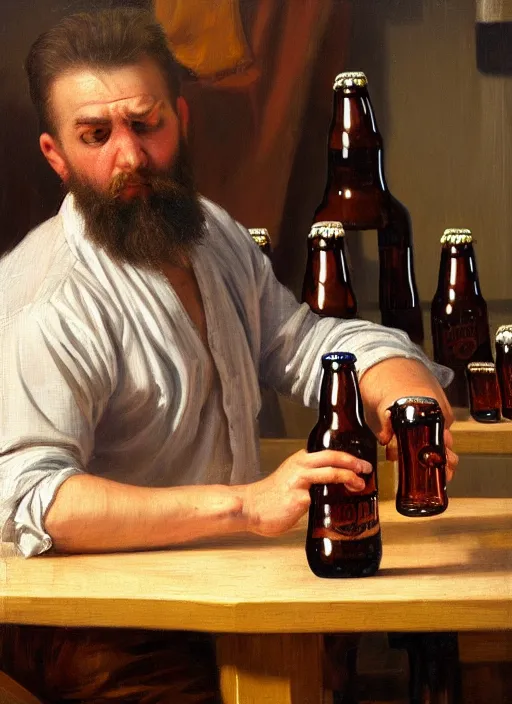 Prompt: large computer table octoberfest invite card, man playing computer games, angry, beer bottles, drunk, photoshoot, 4 k, hyper realistic, natural, highly detailed, digital illustration, trending in artstation, classical painting, smooth, sharp focus art by ilya repin