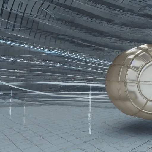 Image similar to big metallic capsule connected to pipelines, purpose is pump, standing in large industrial hall, designed by best engineers, raytracing, reflections