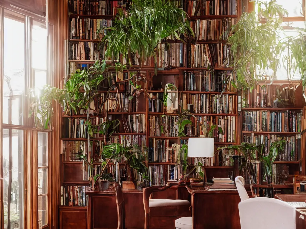 Image similar to A beautiful office room with mahogany bookcases and many beautiful plants and sunset light coming through the windows