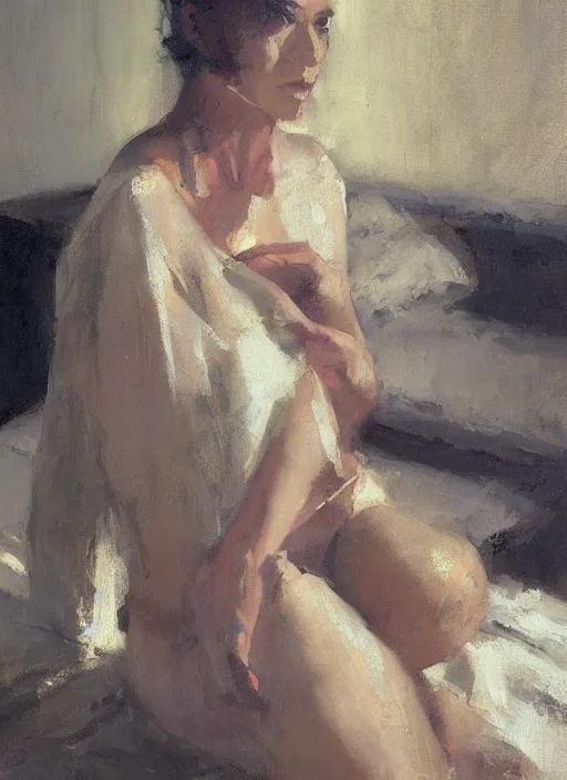 Image similar to aesthetic portrait painting of a beautiful woman posing in an artistic over a bed, by jeremy mann, only one head single portrait