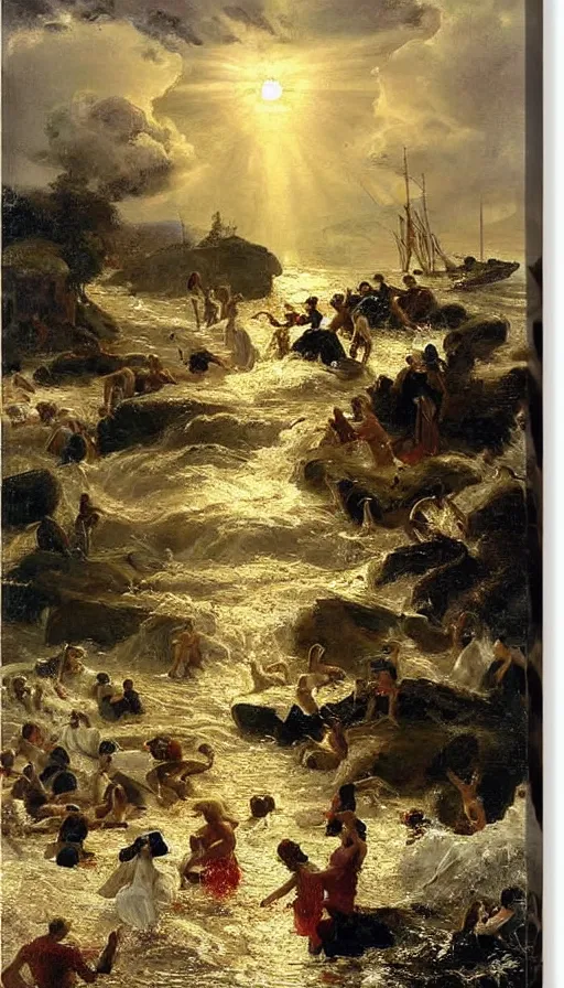 Image similar to still life painting of midsummer party getting flooded by tsunami, by Peder Krøyer, golden hour, dramatic lighting, epic, gargantuan, intricate detail, canvas print