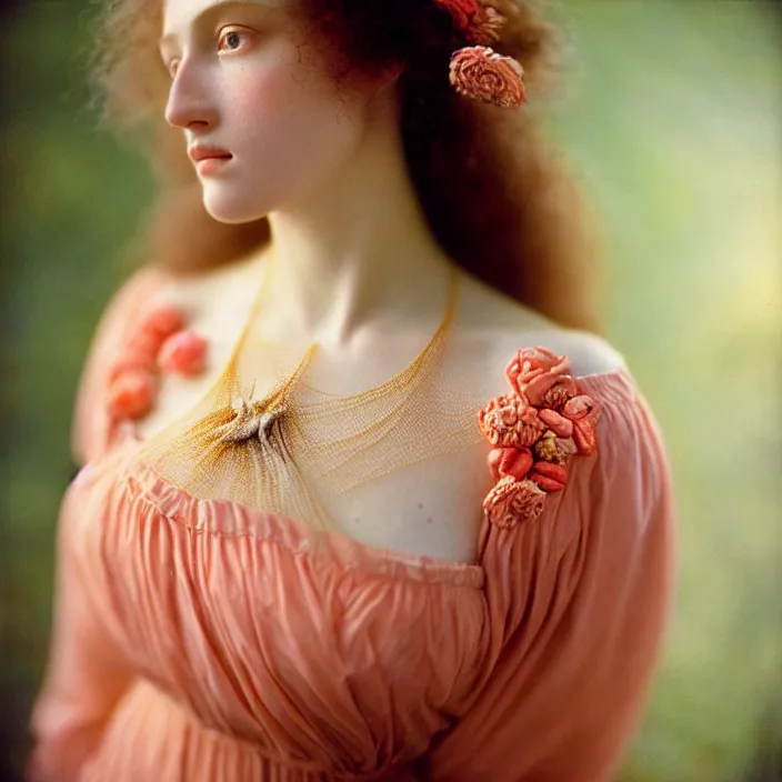 Image similar to Kodak Portra 400, 8K, soft light, volumetric lighting, highly detailed, britt marling style 3/4 ,portrait photo of a beautiful woman how pre-Raphaelites painter, n long elegant intricate ornamental ethereal coral and shells dress, natural skin tone, highly detailed realistic flowers ornament in the upper side of breast, bust with a long beautiful neck , long dark hair are intricate with highly detailed realistic coral and shells, elegant, Realistic, Refined, Highly Detailed, natural outdoor soft pastel lighting colors scheme, outdoor fine art photography, Hyper realistic, photo realistic