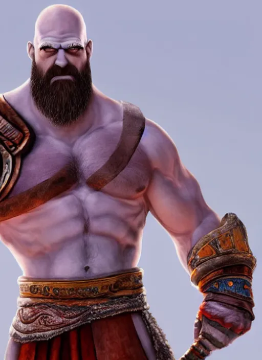 Prompt: painted white Homer Simpson depicted as Kratos God of War, high detailed official artwork