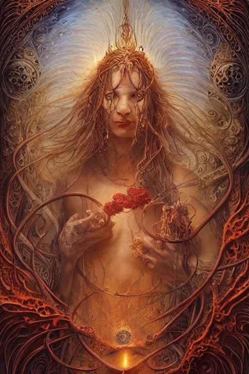 Prompt: A beautiful detailed tarot card, by tomasz alen kopera and Justin Gerard, symmetrical features, ominous, magical realism, texture, intricate, ornate, royally decorated, whirling smoke, embers, red adornements, red torn fabric, radiant colors, fantasy, trending on artstation, volumetric lighting, micro details, 3d sculpture, ray tracing, 8k, anaglyph effect