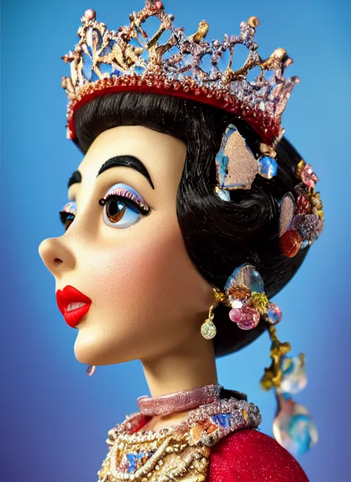 Image similar to closeup face profile portrait of tin toy elizabeth taylor as a fairytale princess wearing a crown eating cakes, bikini, depth of field, zeiss lens, detailed, symmetrical, centered, fashion photoshoot, by nicoletta ceccoli, mark ryden, lostfish, breathtaking, 8 k resolution, extremely detailed, beautiful, establishing shot, artistic, hyperrealistic, octane render