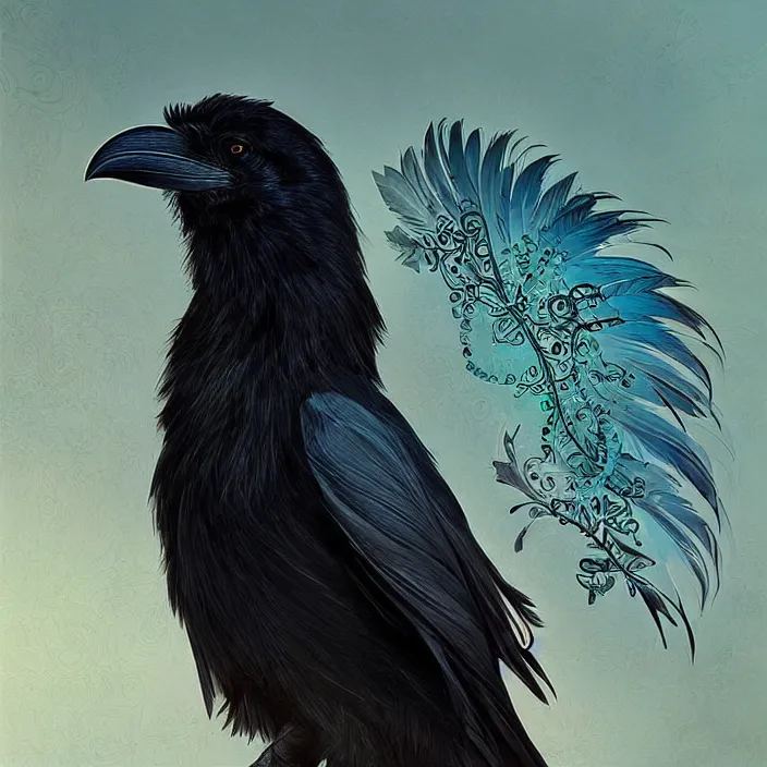 Image similar to beautiful black raven bird with long turqoise feather highlights, cute, intricate, highly detailed, digital painting, trending on artstation, concept art, smooth, sharp focus, backlit, rim light, vivid colors, illustration, unreal engine 5, 8 k, art by rossdraws and alphonse mucha