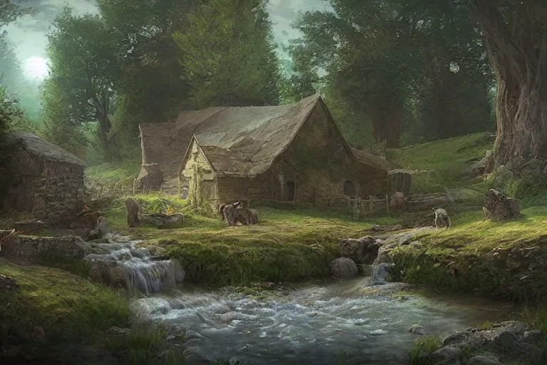 Prompt: a medieval farm with a stream in a forested valley by jessica rossier and brian froud cinematic painting