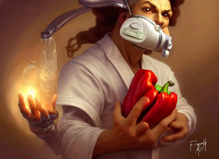 Image similar to anthropomorphic pepper wearing a white doctor's uniform, diffuse lighting, fantasy, hospital background, intricate, elegant, highly detailed, lifelike, photorealistic, digital painting, artstation, illustration, concept art, smooth, sharp focus, art by frank frazetta and marco bucci and loish and rossdraws and artgerm and alphonse mucha