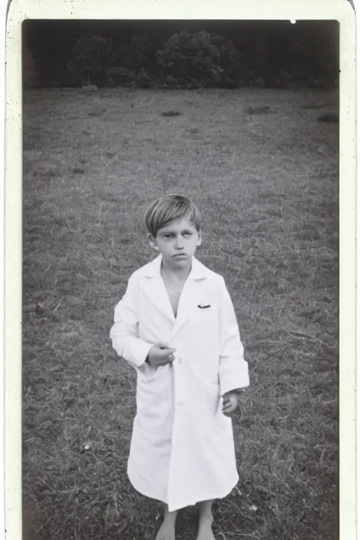 Image similar to photo polaroid of a sad and lonely child in a white coat and barefoot stands in the middle many big tents of field hospitals, pandemic, covid, loneliness, black and white ,photorealistic, 35mm film,