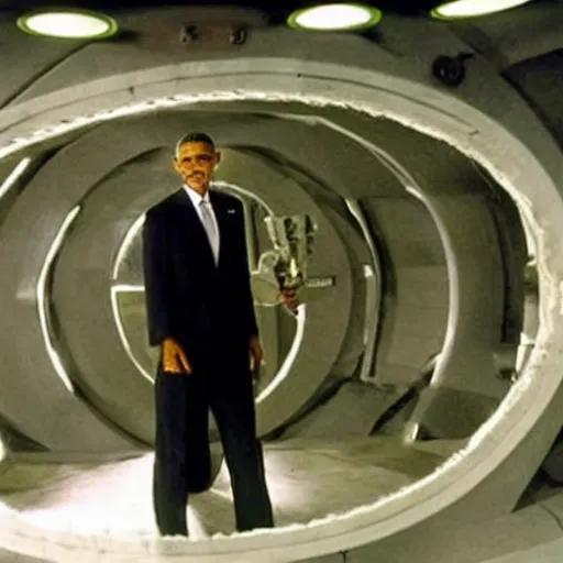 Image similar to barrack obama going through a stargate in the sg - 1 base, holding a goauld in his right hand