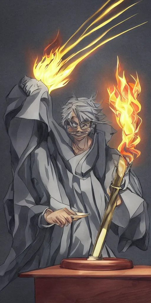 Prompt: powerful anime judge with a magic gavel on fire, in a court room with a justice scale on his desk, drawn by a famous anime artist, high quality, fine lines, amazing detail. colored