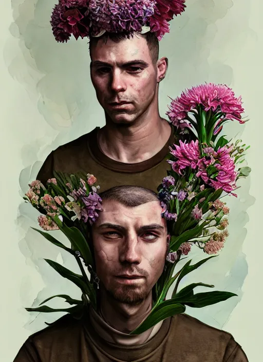 Image similar to handmade character portrait of a serious american soldier man, flowers growing on his body, explosion of amaryllis, hydrangea on his head, chrysanthemum, hyacinth, in the style of artgerm and enki bilal and bastien lecouffe - deharme, wlop, line art, watercolor, cinematic lighting, hyperdetailed, hyperrealistic